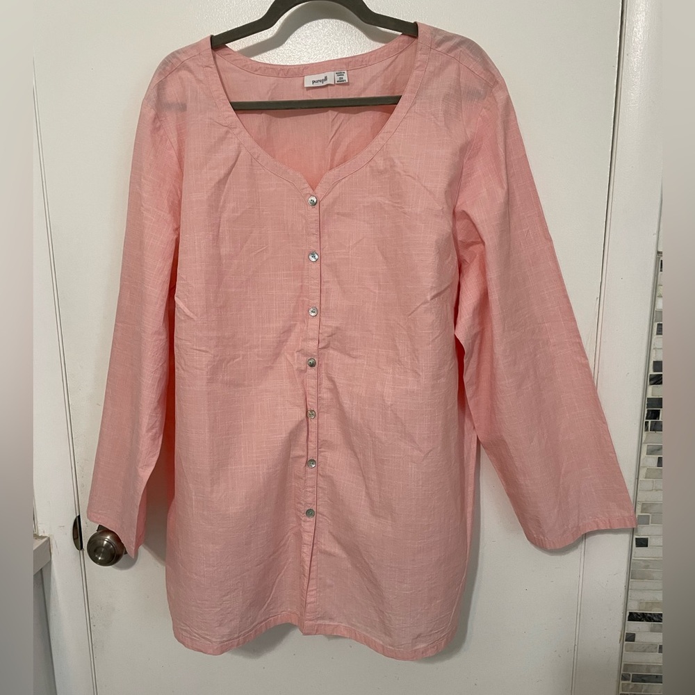 Purejill button front long sleeve v neck 100% Cotton light pink tunic blouse 2X